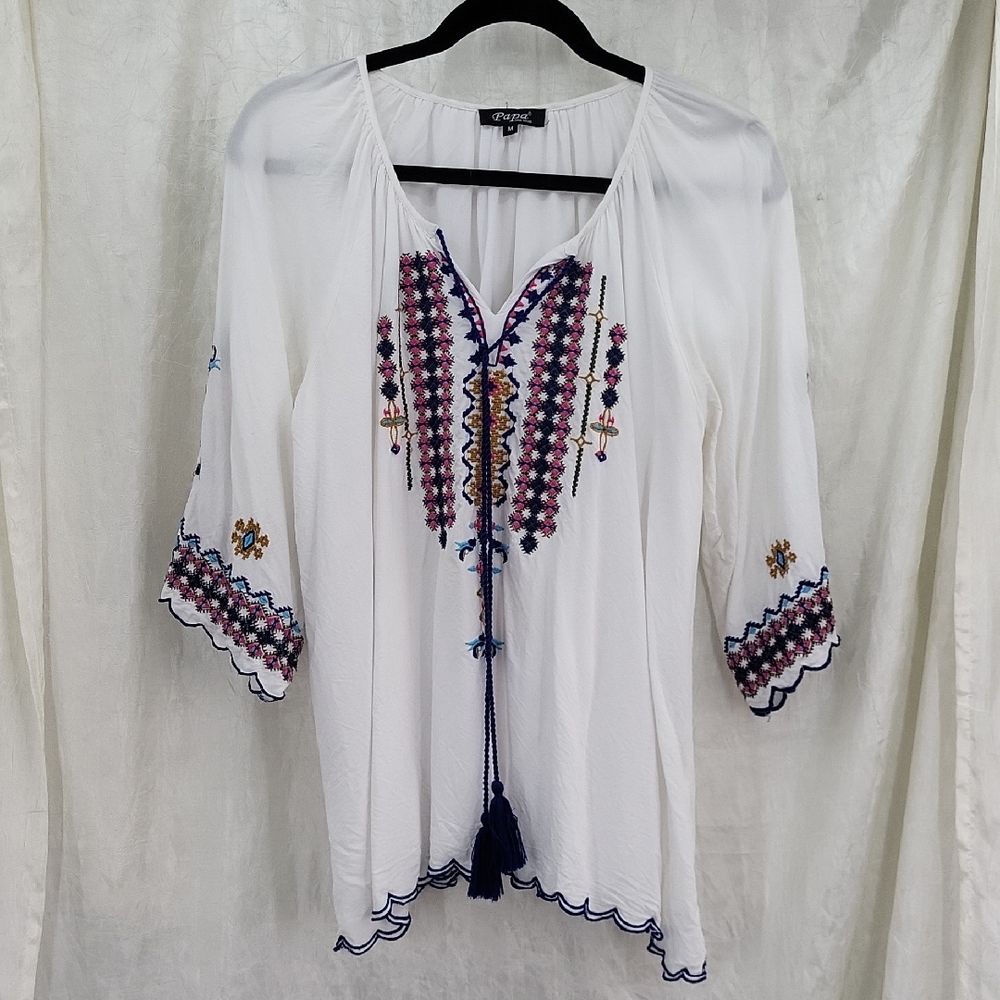 White Embroidered Peasant Blouse Papa Size Medium